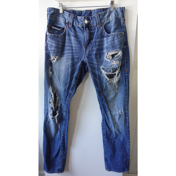 True Religion Jeans Mens 34x32 Blue Distressed Slim Fit Ripped Denim ESZD 32276 - Picture 1 of 13